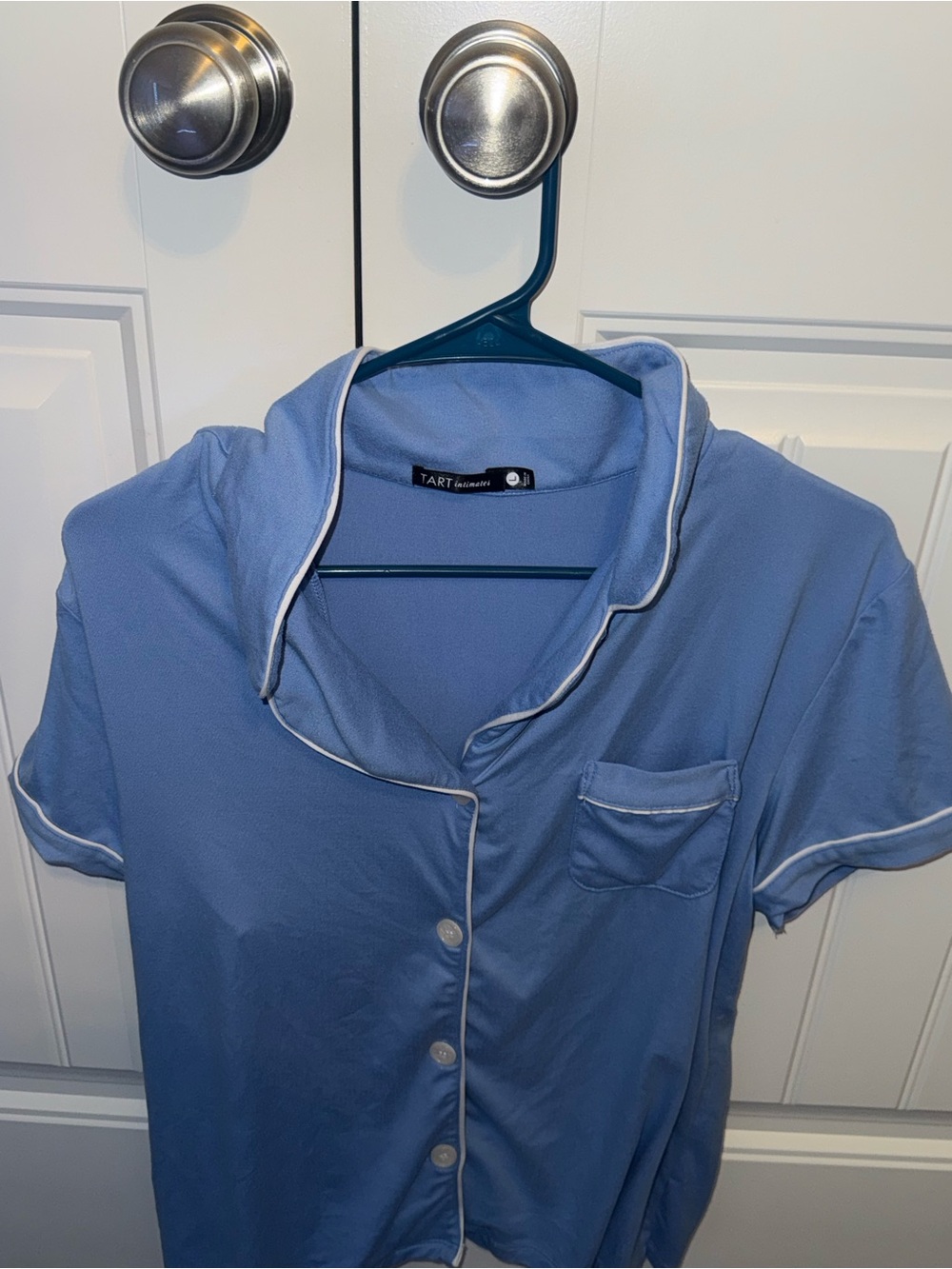 Tart Collections Light Blue Short-Sleeve Button Pajama Set with White Piping